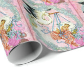 ヴィンテージピンクコウノトリ赤ちゃんシャワーラッピング紙 ラッピングペーパー (ロールコーナー)