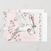 ヴィンテージピンクコウノトリ赤ちゃんシャワー サンキューカード (正面/裏面)