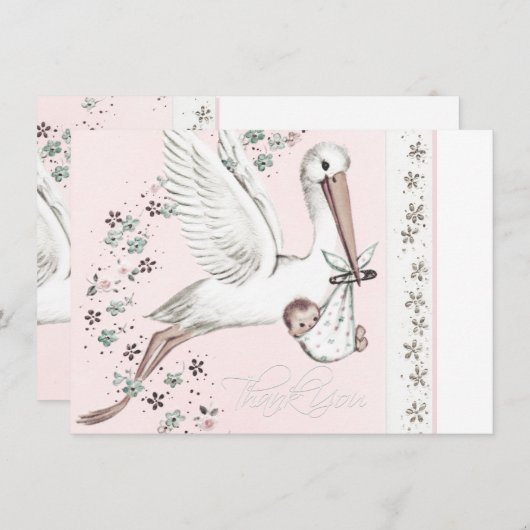 ヴィンテージピンクコウノトリ赤ちゃんシャワー サンキューカード (正面/裏面)