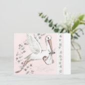 ヴィンテージピンクコウノトリ赤ちゃんシャワー サンキューカード (スタンド正面)