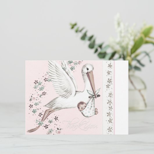 ヴィンテージピンクコウノトリ赤ちゃんシャワー サンキューカード (スタンド正面)