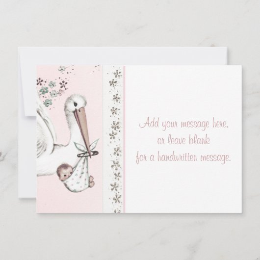 ヴィンテージピンクコウノトリ赤ちゃんシャワー サンキューカード (裏面)