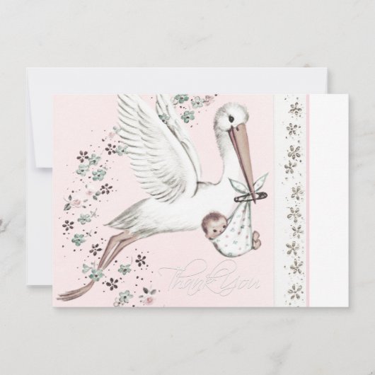 ヴィンテージピンクコウノトリ赤ちゃんシャワー サンキューカード (正面)