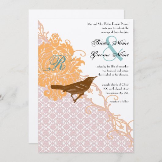 ヴィンテージピンクコーラルアクアエンダイブダマスウェディング 招待状 (正面/裏面)