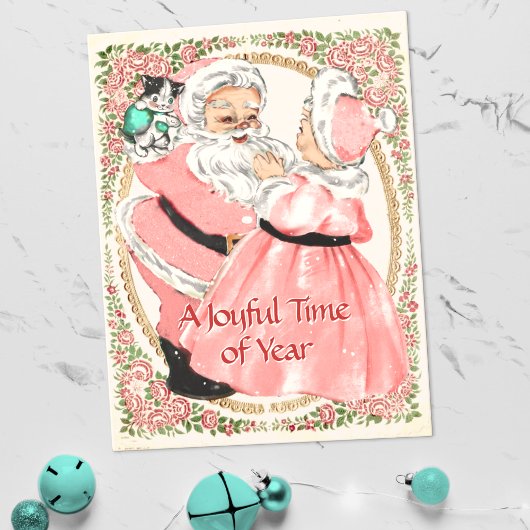 ヴィンテージピンクサンタとミセスクロース休日はがき シーズンポストカード