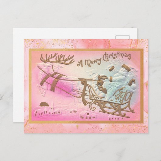 ヴィンテージピンクサンタズライトインダークリスマス シーズンポストカード (正面/裏面)