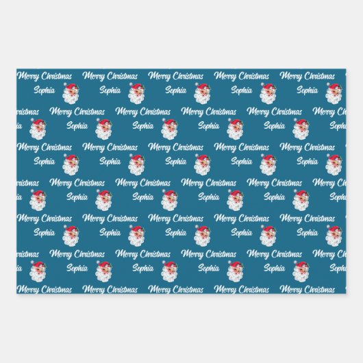 ヴィンテージピンクサンタ | 名前をカスタムするメリークリスマス ラッピングペーパーシート (正面3)