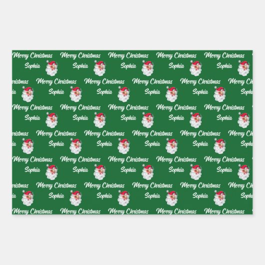 ヴィンテージピンクサンタ | 名前をカスタムするメリークリスマス ラッピングペーパーシート (正面2)