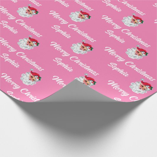 ヴィンテージピンクサンタ | 名前をカスタムするメリークリスマス ラッピングペーパー (角)