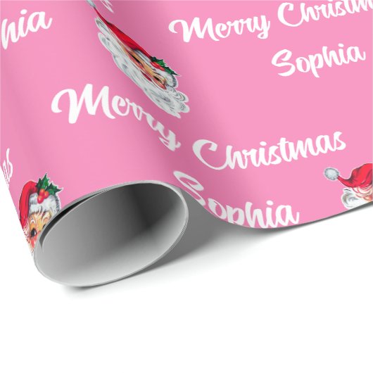 ヴィンテージピンクサンタ | 名前をカスタムするメリークリスマス ラッピングペーパー (ロールコーナー)
