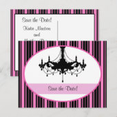ヴィンテージピンクストライプのアイテムとシャンデリア日付の保存 案内ポストカード (正面/裏面)