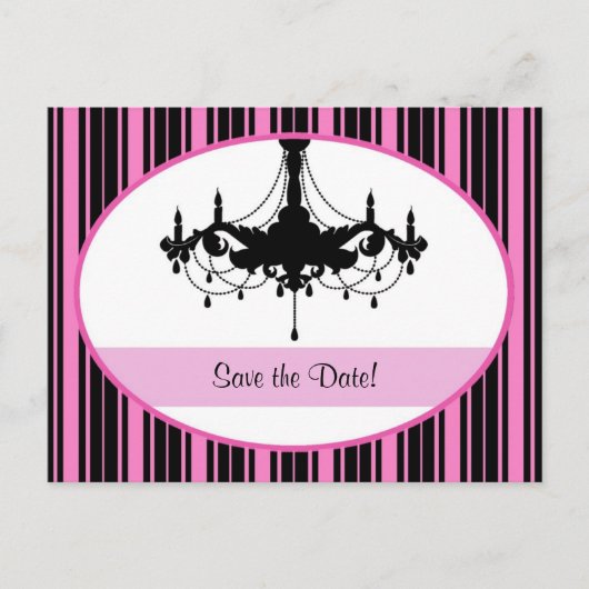 ヴィンテージピンクストライプのアイテムとシャンデリア日付の保存 案内ポストカード (正面)