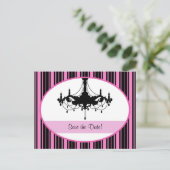 ヴィンテージピンクストライプのアイテムとシャンデリア日付の保存 案内ポストカード (スタンド正面)