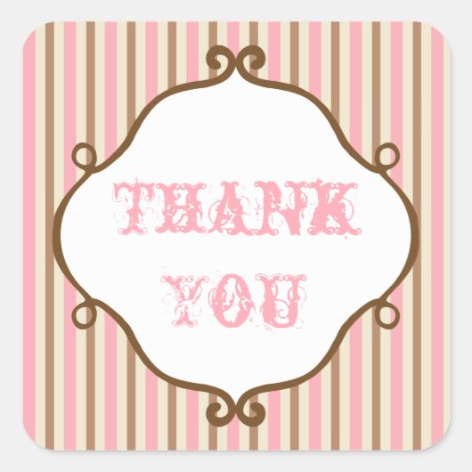 ヴィンテージピンクストライプのサンキューステッカー スクエアシール (正面)