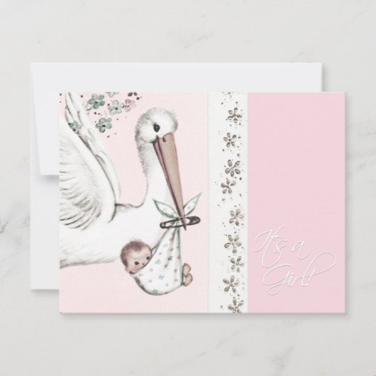 ヴィンテージピンクストークベビーガールシャワー招待状 招待状 (正面)