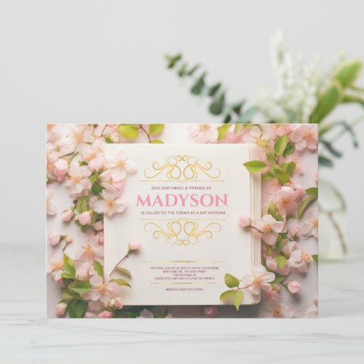 ヴィンテージピンクストーリーブックカバーバルミツワーパーティー 招待状 (スタンド正面)