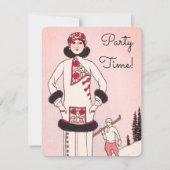 ヴィンテージピンクスノーシーンスキーパーティの招待状 招待状 (正面)