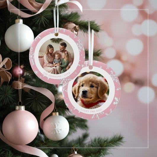 ヴィンテージピンクスノーフレーク家族クリスマス2写真 セラミックオーナメント