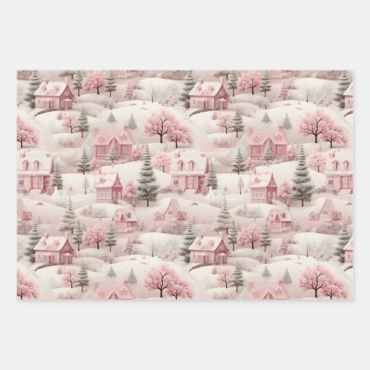 ヴィンテージピンクスノーヴィレッジプレイドクリスマス ラッピングペーパーシート (正面)