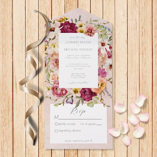 ヴィンテージピンクス&イエローフローラオンピンクNo Dinner オールインワン招待状