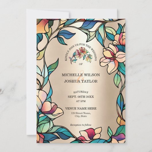 ヴィンテージピンクターコイズステンドグラスアールヌーボー 招待状 (正面)