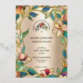 ヴィンテージピンクターコイズステンドグラスアールヌーボー 箔招待状 (正面)