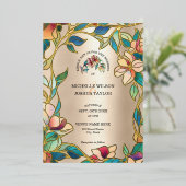 ヴィンテージピンクターコイズステンドグラスアールヌーボー 箔招待状 (立ち正面)