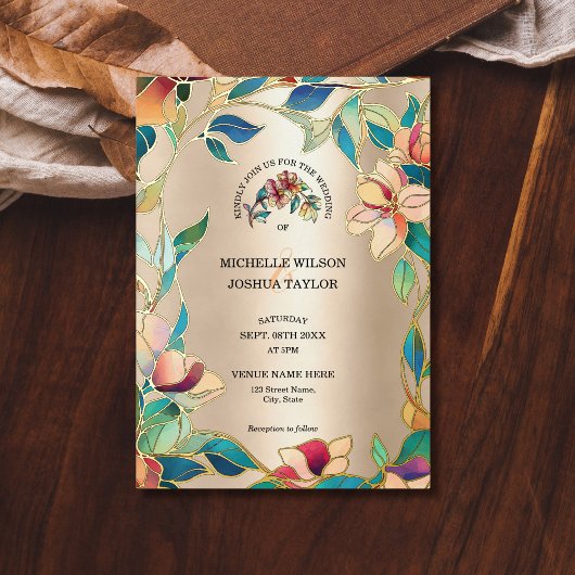 ヴィンテージピンクターコイズステンドグラスアールヌーボー 箔招待状