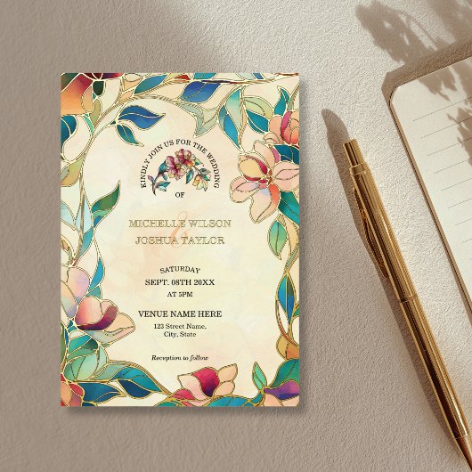 ヴィンテージピンクターコイズステンドグラスアールヌーボー 箔招待状