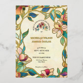 ヴィンテージピンクターコイズステンドグラスアールヌーボー 箔招待状 (正面)