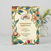 ヴィンテージピンクターコイズステンドグラスアールヌーボー 箔招待状 (立ち正面)