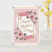 ヴィンテージピンクタータンチェックバラ&ハート母の日 カード (黄色い花)