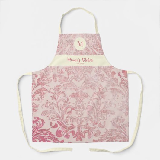 ヴィンテージピンクダマスクエレガントカスタムモノグラムギフト エプロン (正面)