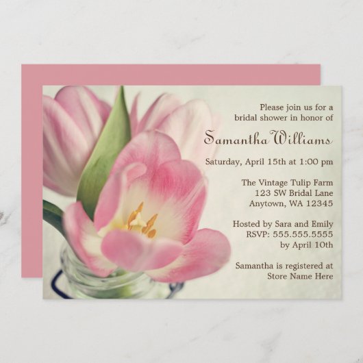 ヴィンテージピンクチューリップスメイソンジャー 招待状 (正面/裏面)