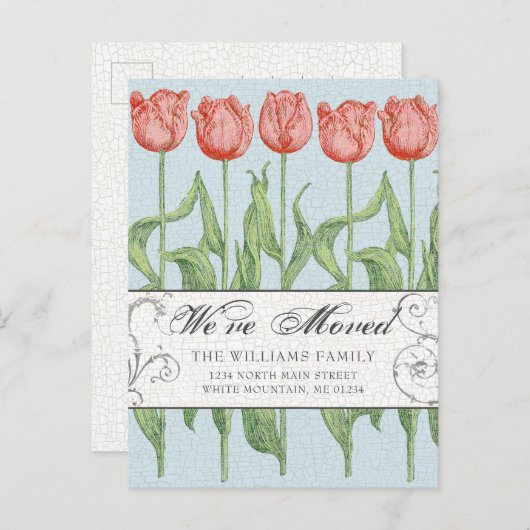 ヴィンテージピンクチューリップフローラ移動 案内ポストカード (正面/裏面)