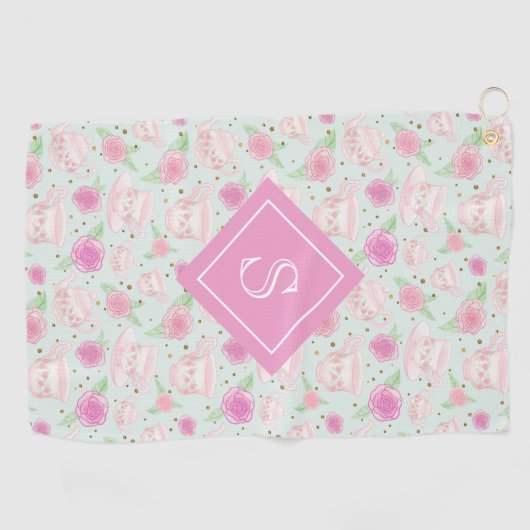 ヴィンテージピンクティーパーティーパターンモノグラム ゴルフタオル (横)