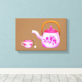 ヴィンテージピンクティーポット茶パーティーお洒落芸術 キャンバスプリント (インサイチュ (ウッドフロア))