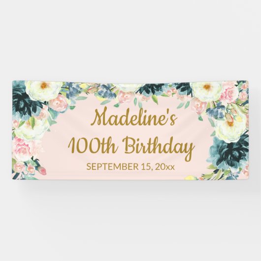 ヴィンテージピンクティール(緑がかった色)クリームフローラ植物第100位 横断幕 (横)