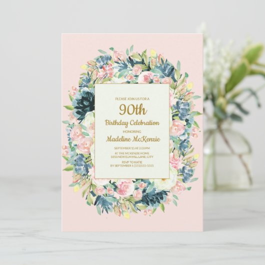 ヴィンテージピンクティール(緑がかった色)フローラ女子90誕生日 招待状 (スタンド正面)