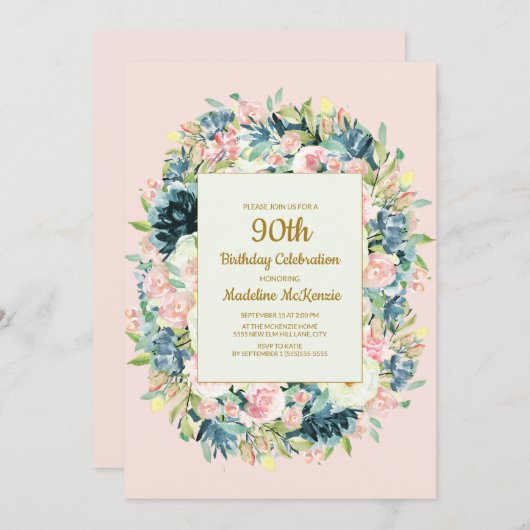 ヴィンテージピンクティール（緑がかった色）フローラ女子90誕生日 招待状 (正面/裏面)