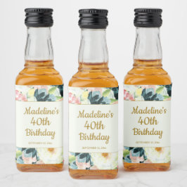 ヴィンテージピンクティール（緑がかった色）フローラ40thまたは任意の誕生日 リキュールボトルラベル