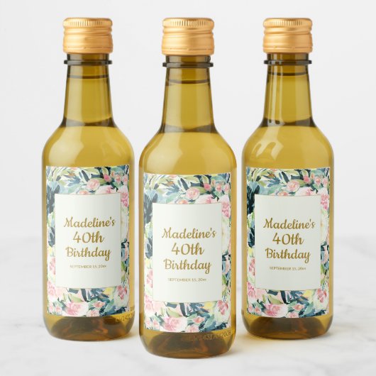 ヴィンテージピンクティール(緑がかった色)フローラ40thまたは任意の誕生日 ワインラベル (ボトル)