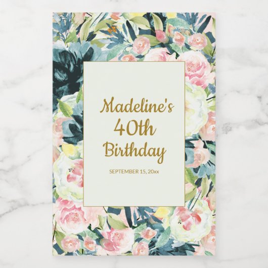 ヴィンテージピンクティール(緑がかった色)フローラ40thまたは任意の誕生日 ワインラベル (シングルラベル)