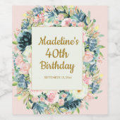 ヴィンテージピンクティール（緑がかった色）フローラ40thまたは任意の誕生日 ワインラベル (シングルラベル)