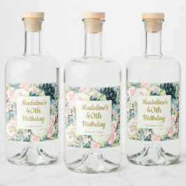 ヴィンテージピンクティール（緑がかった色）フローラ40th大人誕生日 リキュールボトルラベル
