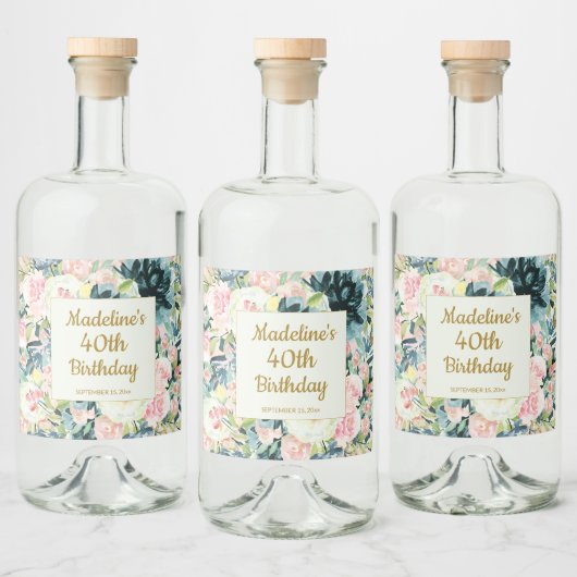 ヴィンテージピンクティール（緑がかった色）フローラ40th大人誕生日 リキュールボトルラベル (ボトル)