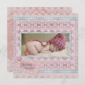 ヴィンテージピンクティール（緑がかった色）ベビーガールフォト《キリスト教》洗礼式や命名式 招待状 (正面/裏面)