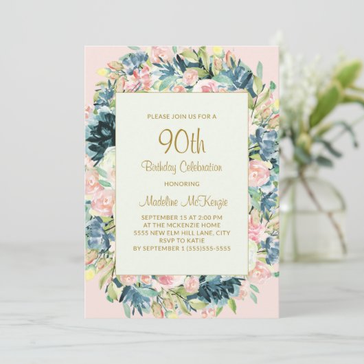 ヴィンテージピンクティール(緑がかった色)植物学フローラ90誕生日 招待状 (スタンド正面)