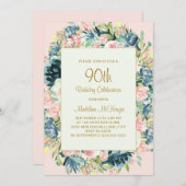 ヴィンテージピンクティール(緑がかった色)植物学フローラ90誕生日 招待状 (正面/裏面)