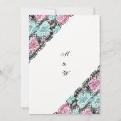 ヴィンテージピンクティール（緑がかった色）水色フローラレース結婚ズ 招待状 (裏面)